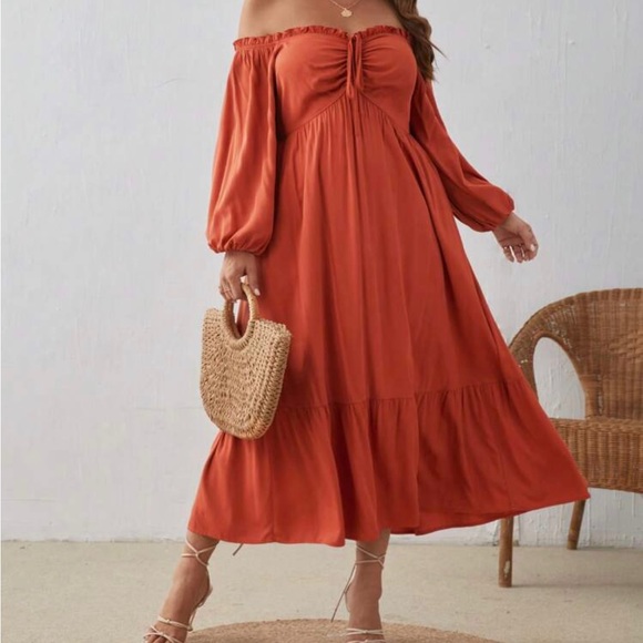 Off Shoulder Drawstring Front Ruffle Hem Dress - Picture 2 of 8